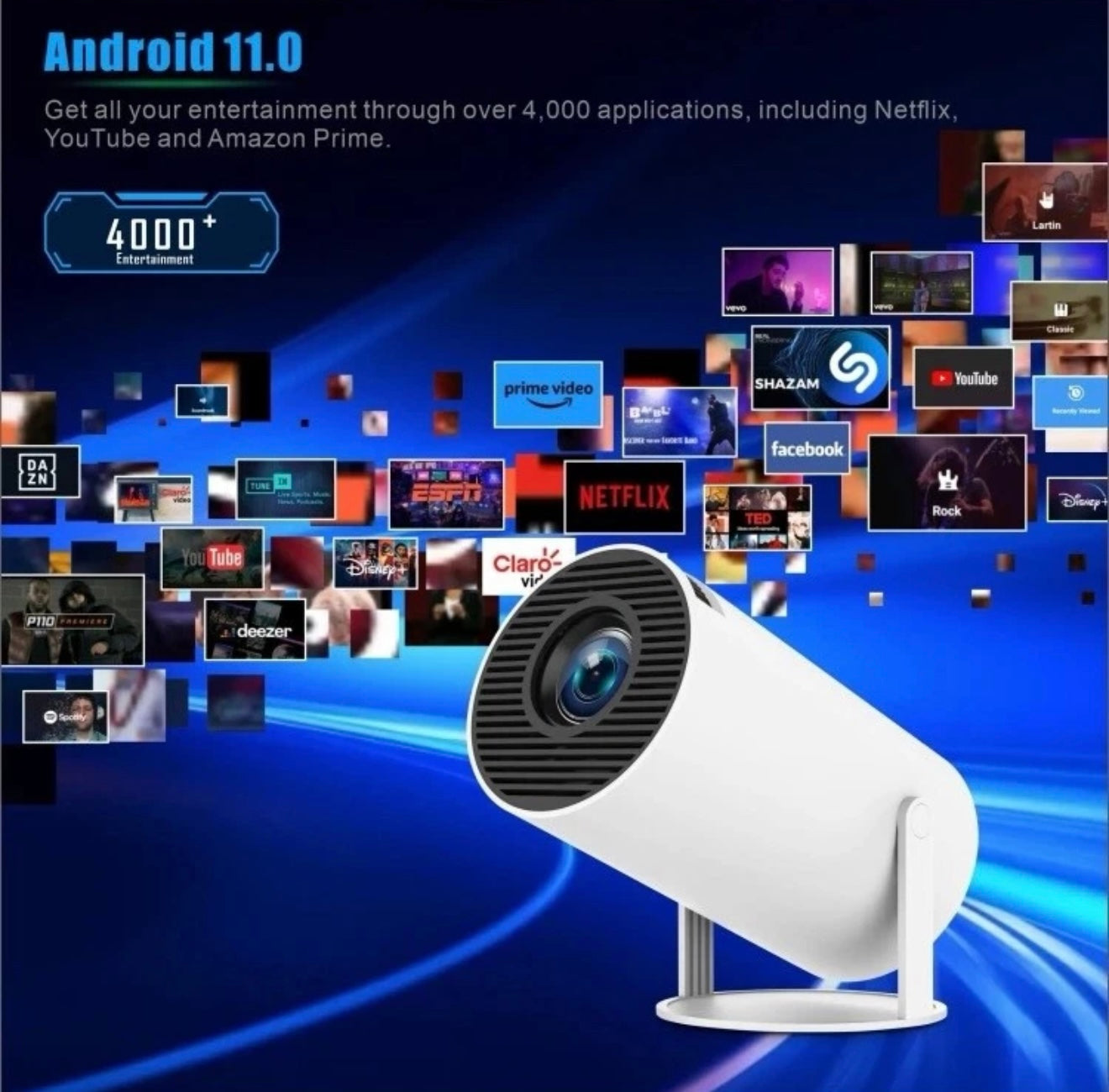 AOVO hordozható HD projektor, 200 ANSI, Bluetooth, Android TV, Fehér