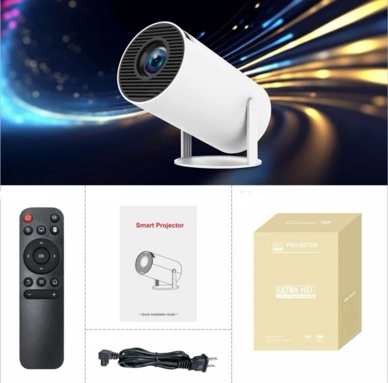 AOVO hordozható HD projektor, 200 ANSI, Bluetooth, Android TV, Fehér