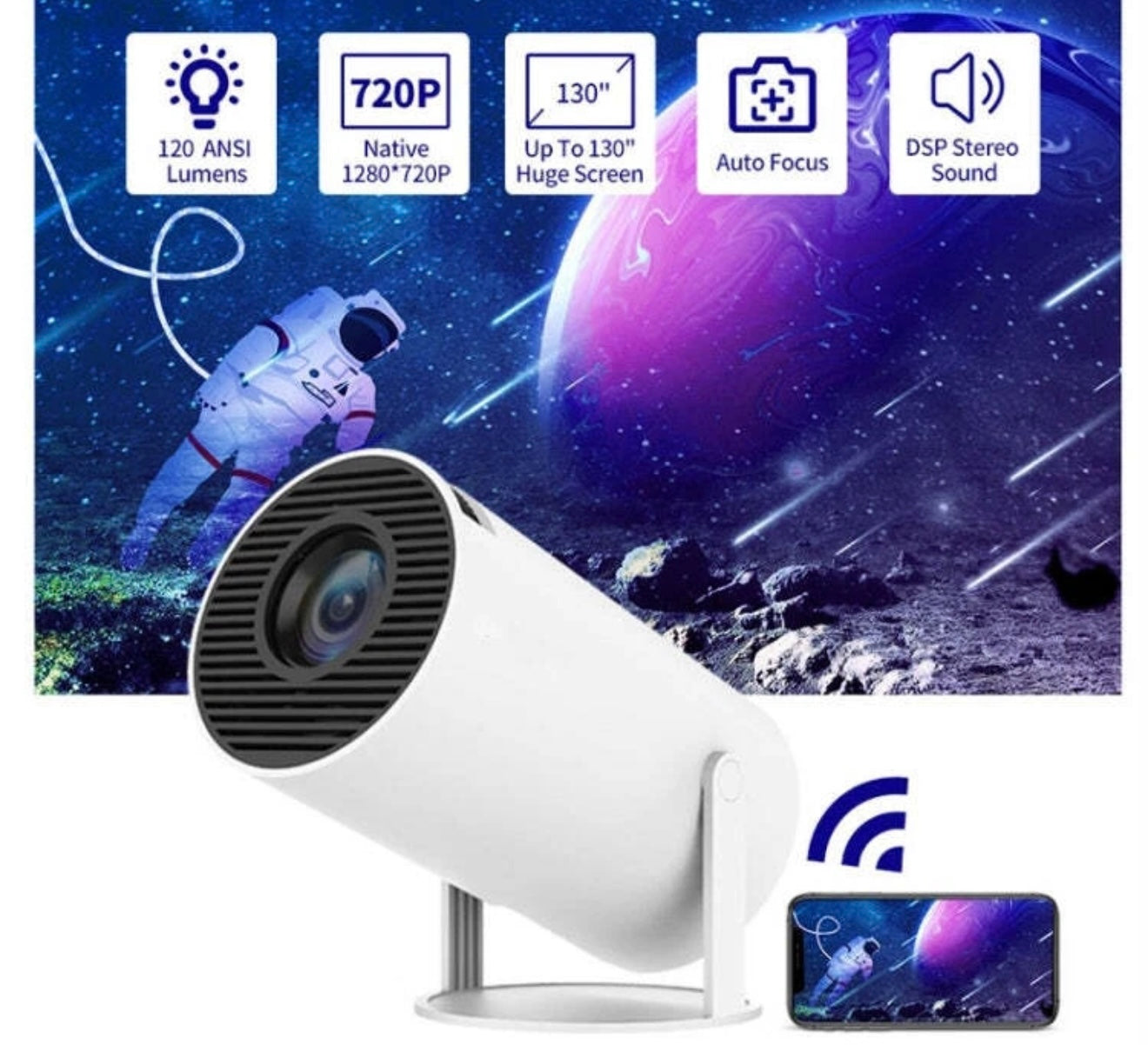 AOVO hordozható HD projektor, 200 ANSI, Bluetooth, Android TV, Fehér