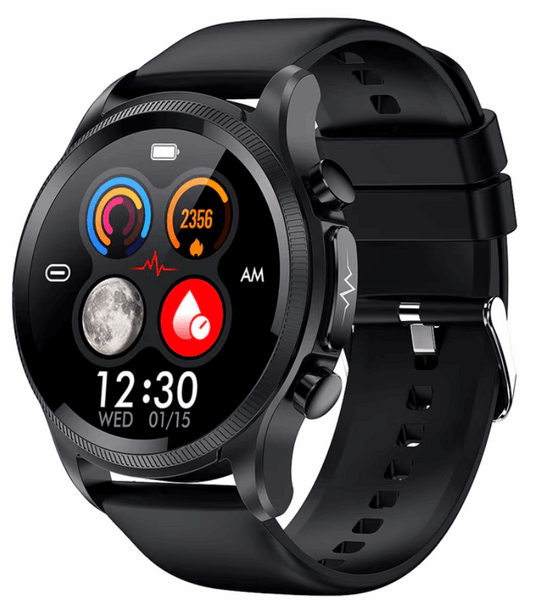 AOVO E400 Okosóra, 1.39" HD Kijelző, EKG PPG HRV, Vércukorszint/Vérnyomás/Oxigén/Hőmérséklet Mérő Vízálló, Fekete