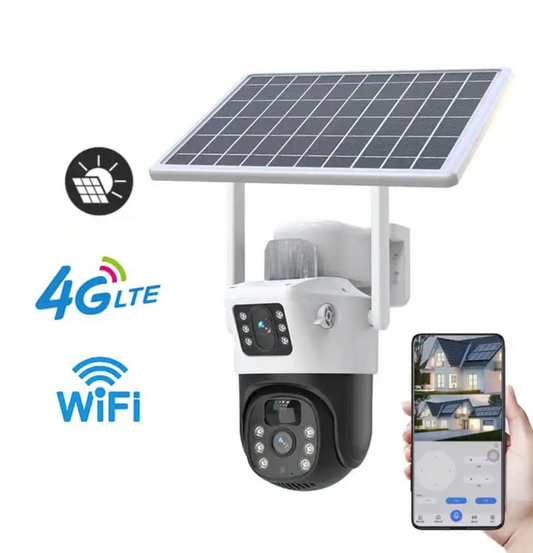 AOVO V380 napelemes térfigyelő biztonsági duál kamera, 4G, 5MP, IP66, 360 fokos, éjjellátó funkció, mozgásérzékelés