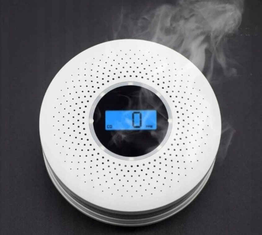 AOVO Szén-monoxid és füstérzékelő, LCD kijelző, elemes, 105 x 35 mm, fehér, fekete, ezüst