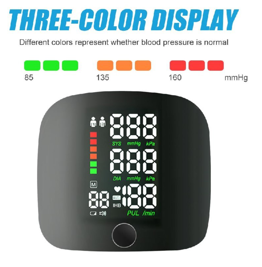 AOVO csuklós vérnyomásmérő, ohmméter, LED kijelző, Hangos közvetítés angol nyelven, 90 memóriakészlet két személyre, Újratölthető, Gyors automatikus mérés, Fekete