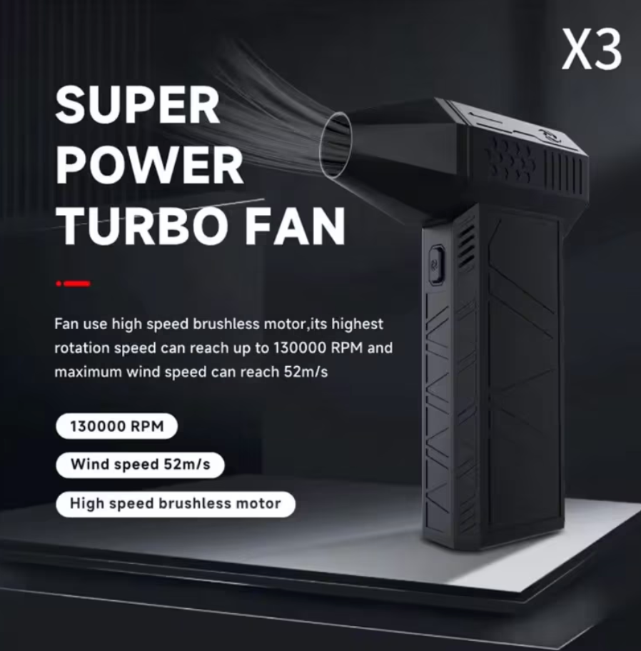 Hordozható légfúvó Turbo Jet Fan, 130000 RPM, 52M/s, 180W, 3 fokozat, autóhoz, grillhez és számítógéphez, Levelek, por és víz eltávolítása