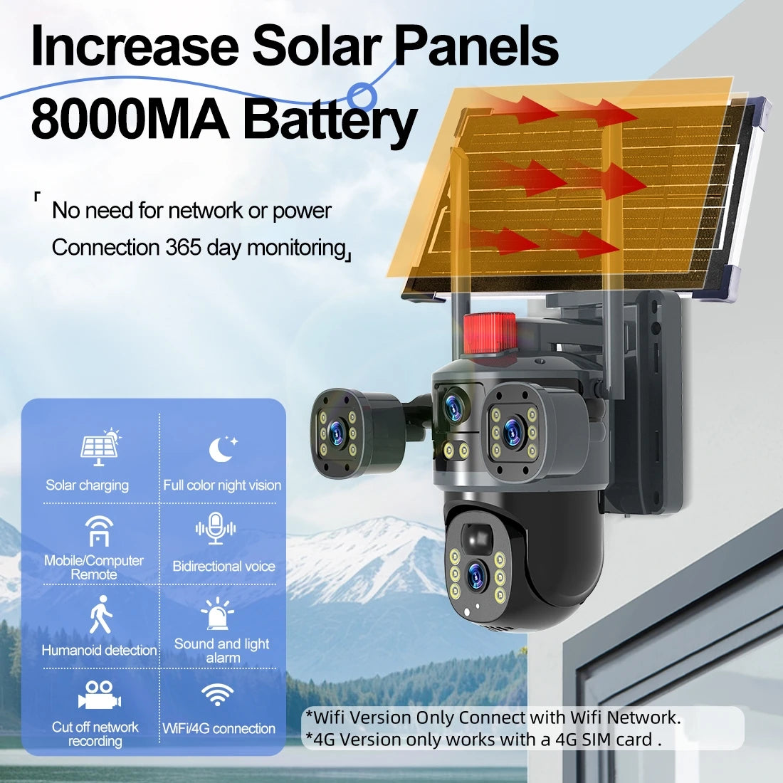 AOVO Háromszoros videó megfigyelő kamera, 4G, ULTRA HD, napelemes és plug-in töltés, 12MP, 6K, színes éjszakai látás, mozgásérzékelés, intelligens riasztó, 360°-os gimbal, 128gb tárhelyig fekete