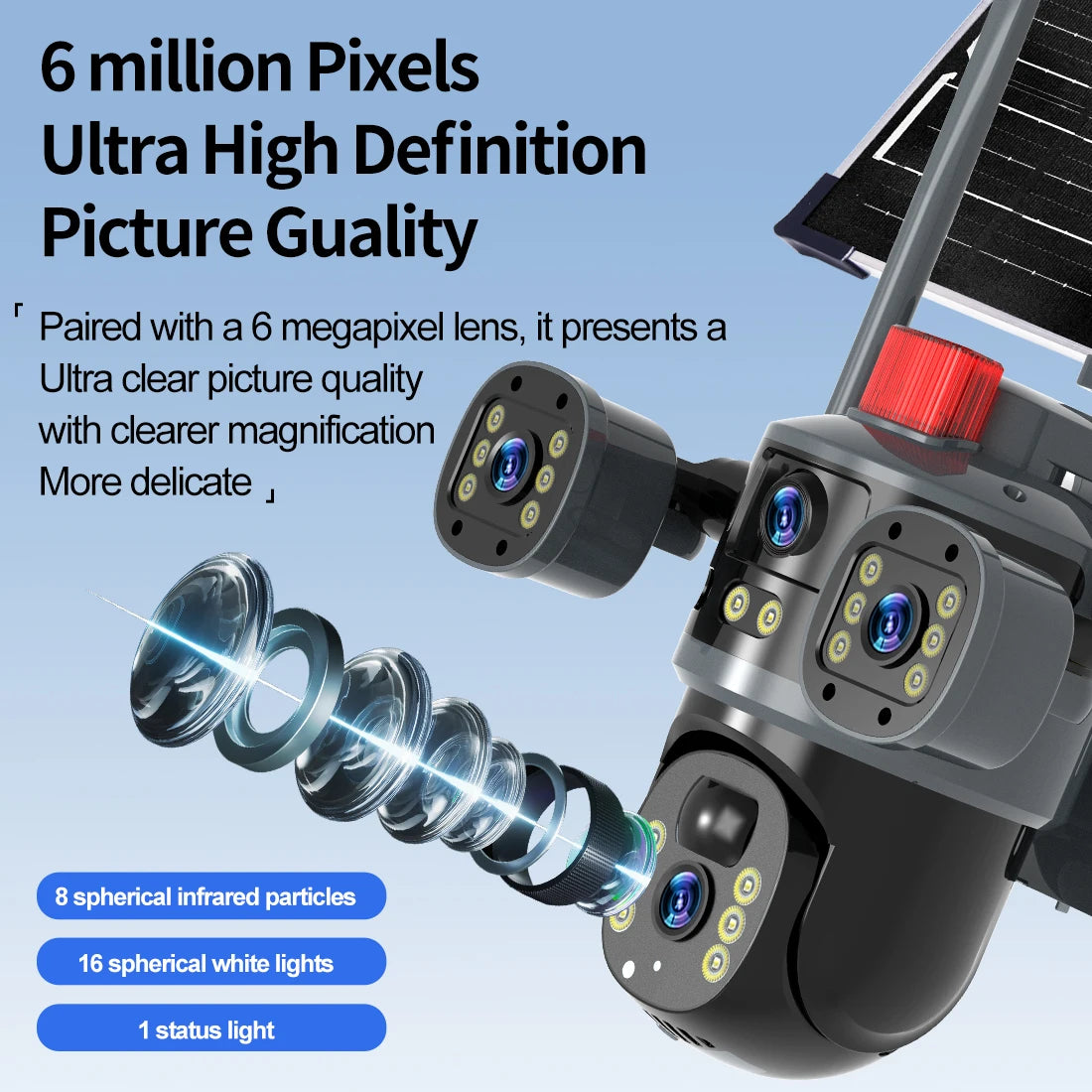AOVO Háromszoros videó megfigyelő kamera, 4G, ULTRA HD, napelemes és plug-in töltés, 12MP, 6K, színes éjszakai látás, mozgásérzékelés, intelligens riasztó, 360°-os gimbal, 128gb tárhelyig fekete