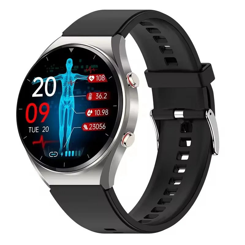 AOVO E09 Pro Okosóra EKG Automata Vérnyomásmérő Pulzusmérő IP67, BT, hívás, fekete