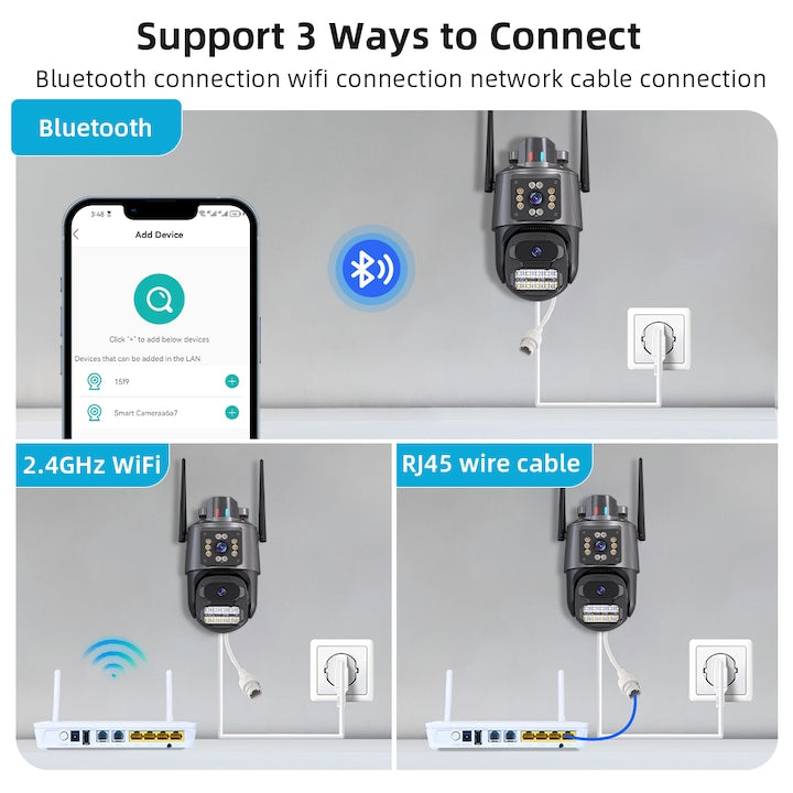 AOVO P11 Pro dual WIFI térfigyelő kamera, 6MP, kültéri/beltéri, Ultra HD, 5X zoom, forgatás, világító LED-ek, kétirányú kommunikáció, riasztó, mozgásérzékelő, fekete