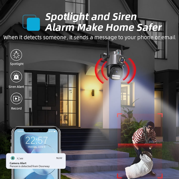 AOVO P11 Pro dual WIFI térfigyelő kamera, 6MP, kültéri/beltéri, Ultra HD, 5X zoom, forgatás, világító LED-ek, kétirányú kommunikáció, riasztó, mozgásérzékelő, fekete
