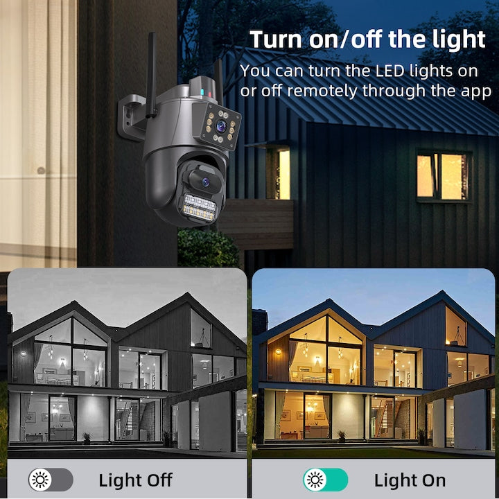 AOVO P11 Pro dual WIFI térfigyelő kamera, 6MP, kültéri/beltéri, Ultra HD, 5X zoom, forgatás, világító LED-ek, kétirányú kommunikáció, riasztó, mozgásérzékelő, fekete