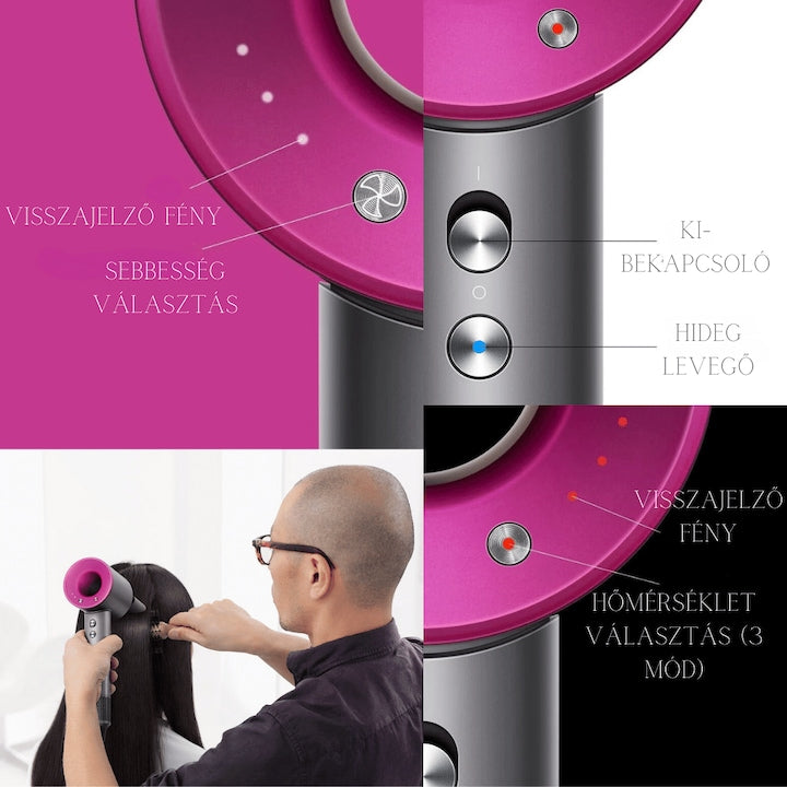 AOVO Supersonic Hajszárító, 1600W, 4 hőfok, 3 sebesség, Hideg levegő, 5 tartozékfej, Rózsaszín