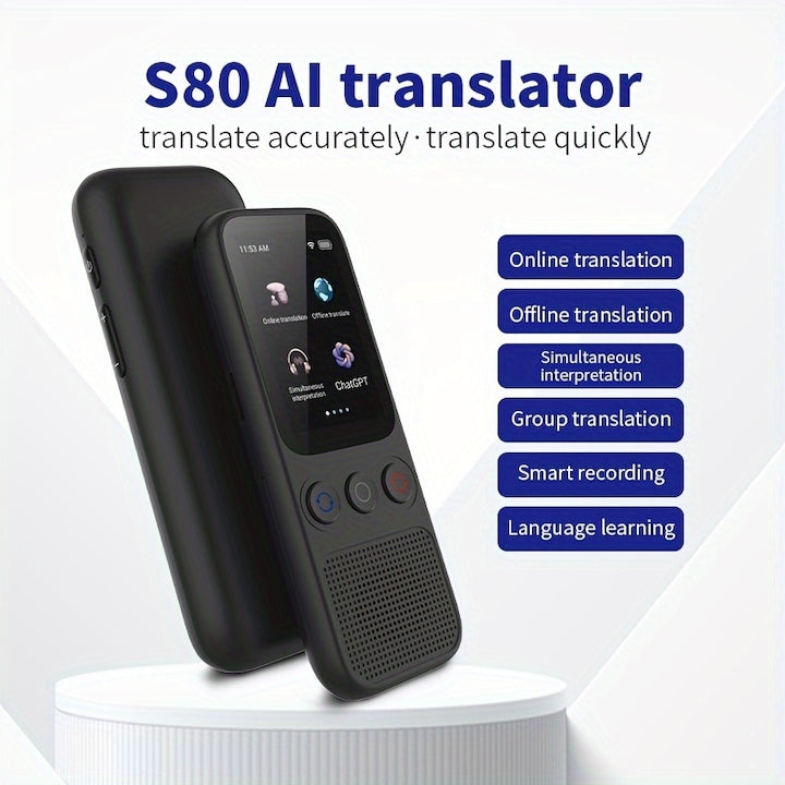 AOVO S80 Hordozható Intelligens Fordítógép – 138 Nyelv, Azonnali Fordítás, Két HD Érintőkijelző, Fejlett AI Technológia, Fekete