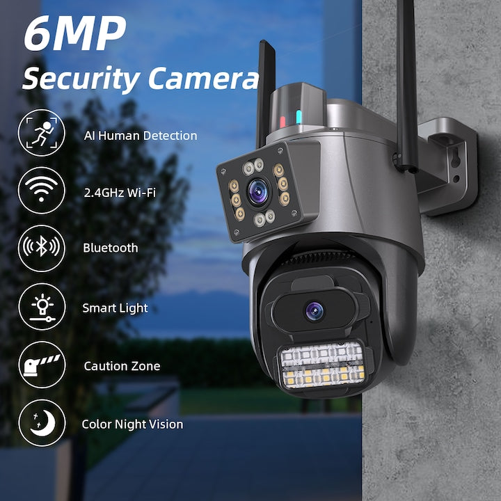 AOVO P11 Pro dual WIFI térfigyelő kamera, 6MP, kültéri/beltéri, Ultra HD, 5X zoom, forgatás, világító LED-ek, kétirányú kommunikáció, riasztó, mozgásérzékelő, fekete