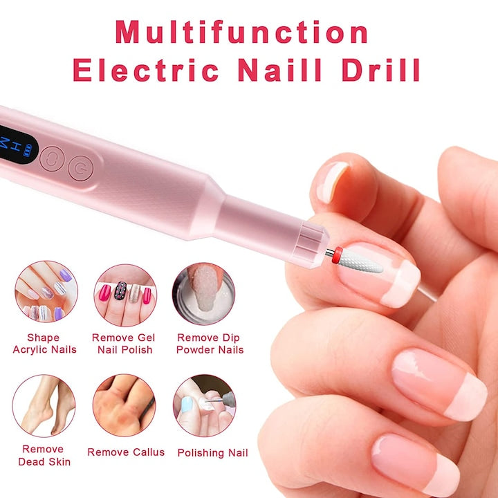 AOVO Elektromos körömvágó, B8811, 18000rpm, kerámia fúróval, 6 professzionális fúróval, F/R irány, LED kijelző, Rózsaszín