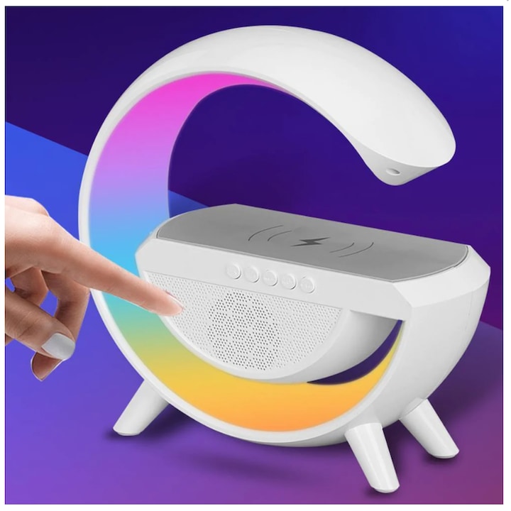 AOVO RGB led asztali lámpa 3 az 1-ben, vezeték nélküli töltőállomással, Bluetooth zene, FM, USB, 1500 mh, fehér