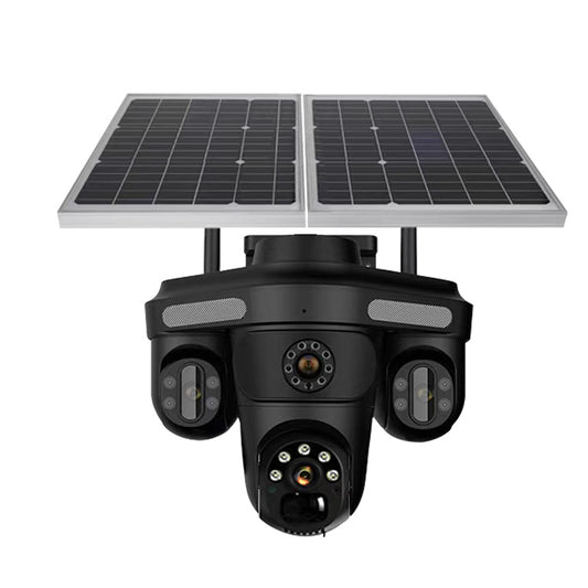 AOVO Tripla 4G Kültéri Biztonsági Kamera, 12MP, Dupla Napelem (2×7,5W), 13000mAh Akkumulátor, 10x Zoom, Forgatható, Mozgásérzékelős, Mikrofonnal és Hangszóróval, Éjjellátó, Riasztó, O-KAM Pro Applikáció – Fekete