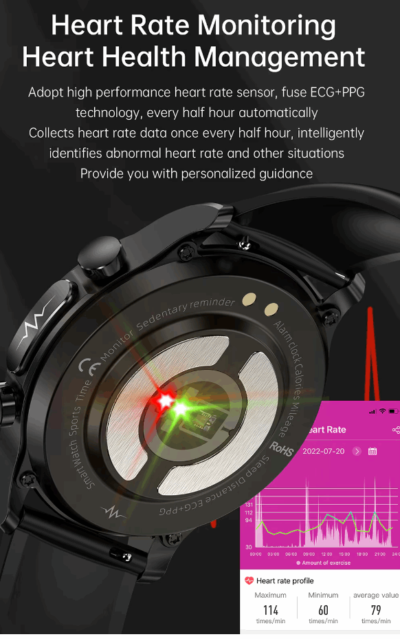 AOVO E400 Okosóra, 1.39" HD Kijelző, EKG PPG HRV, Vércukorszint/Vérnyomás/Oxigén/Hőmérséklet Mérő Vízálló, Fekete