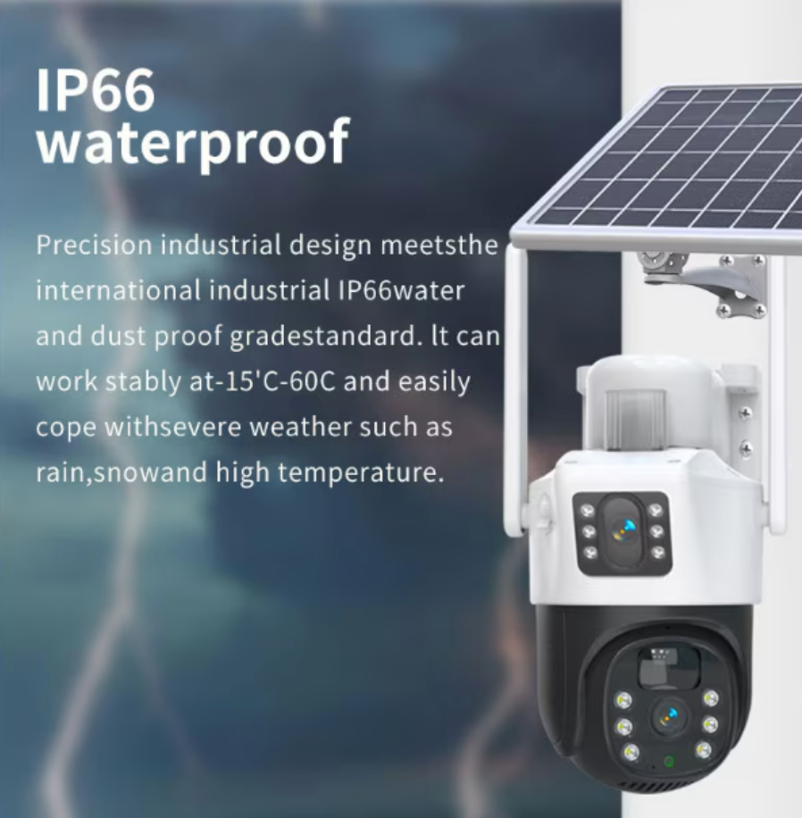 AOVO V380 napelemes térfigyelő biztonsági duál kamera, 4G, 5MP, IP66, 360 fokos, éjjellátó funkció, mozgásérzékelés