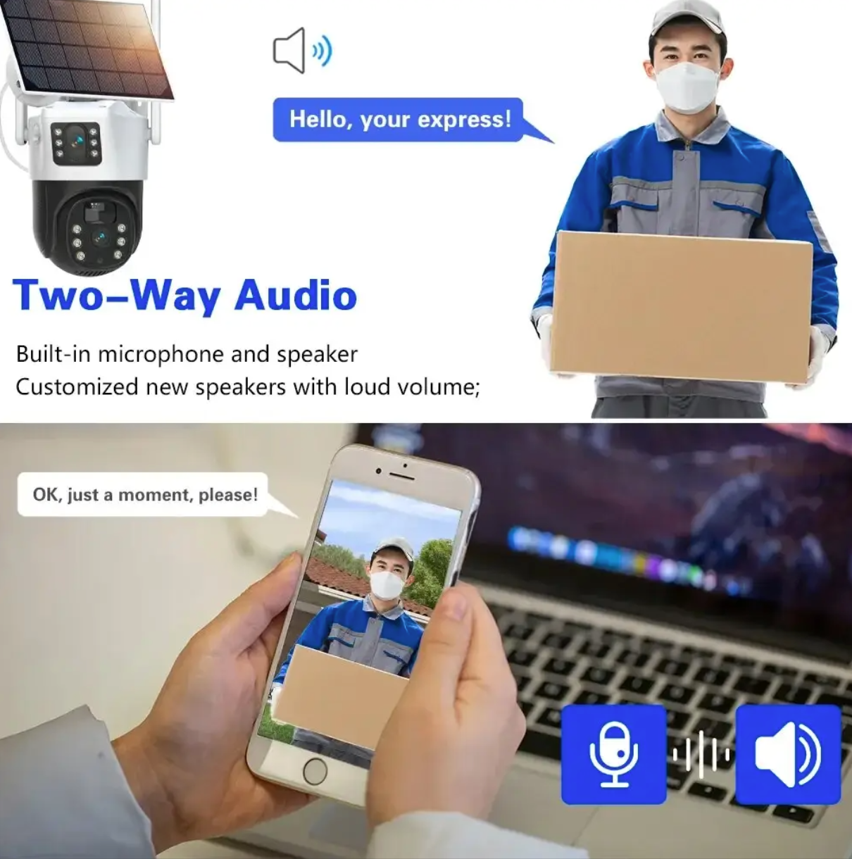 AOVO V380 napelemes térfigyelő biztonsági duál kamera, 4G, 5MP, IP66, 360 fokos, éjjellátó funkció, mozgásérzékelés