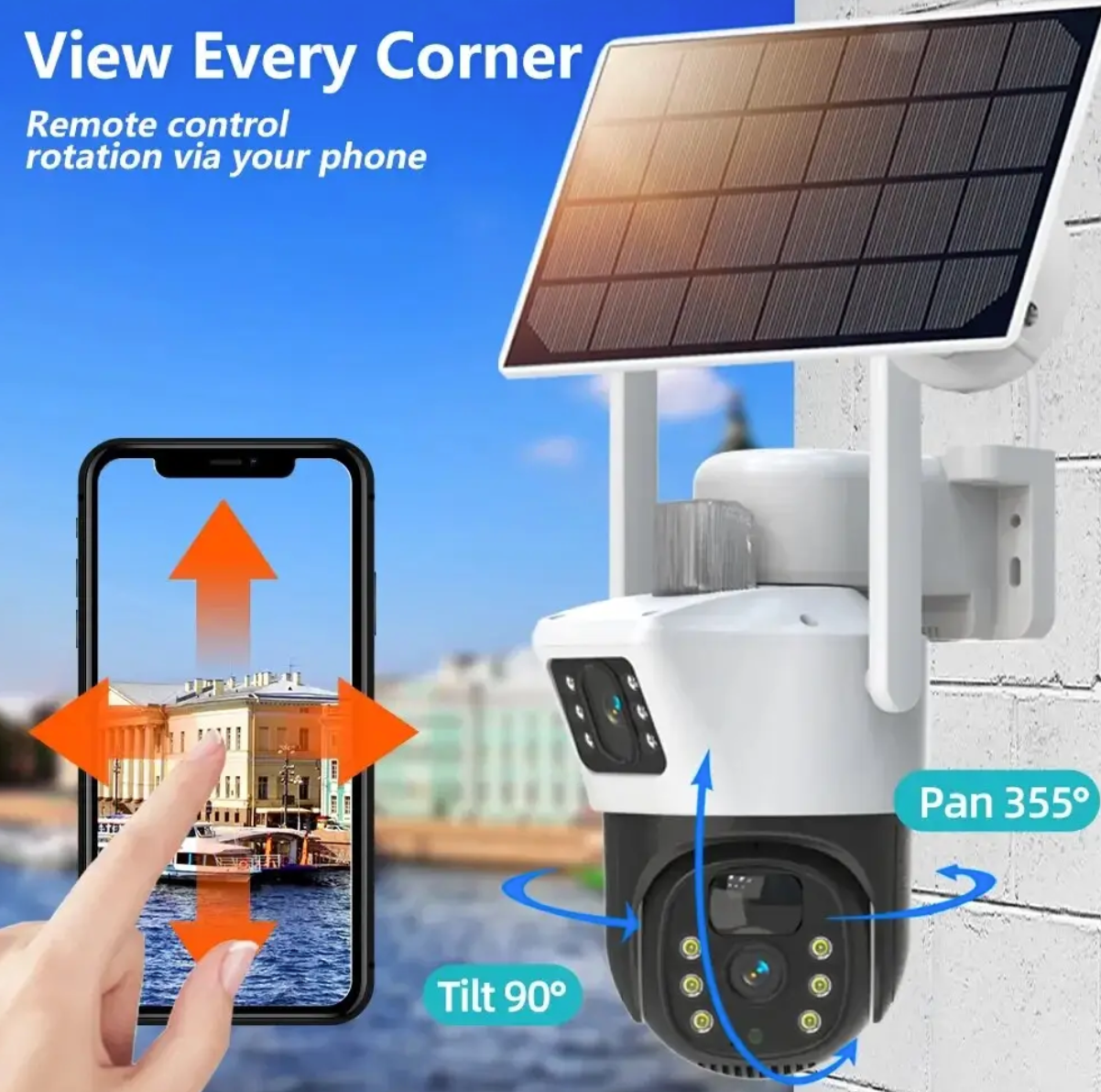 AOVO V380 napelemes térfigyelő biztonsági duál kamera, 4G, 5MP, IP66, 360 fokos, éjjellátó funkció, mozgásérzékelés