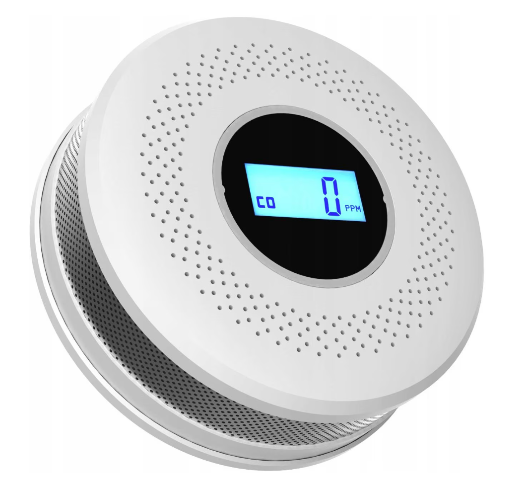 AOVO Szén-monoxid és füstérzékelő, LCD kijelző, elemes, 105 x 35 mm, fehér, fekete, ezüst