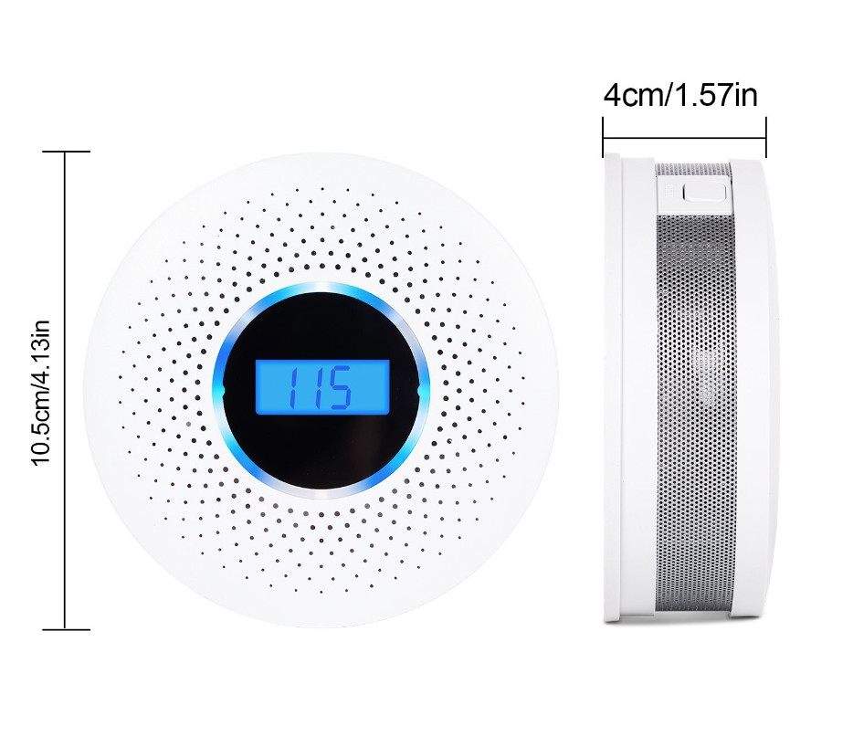 AOVO Szén-monoxid és füstérzékelő, LCD kijelző, elemes, 105 x 35 mm, fehér, fekete, ezüst