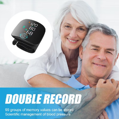 AOVO csuklós vérnyomásmérő, ohmméter, LED kijelző, Hangos közvetítés angol nyelven, 90 memóriakészlet két személyre, Újratölthető, Gyors automatikus mérés, Fekete