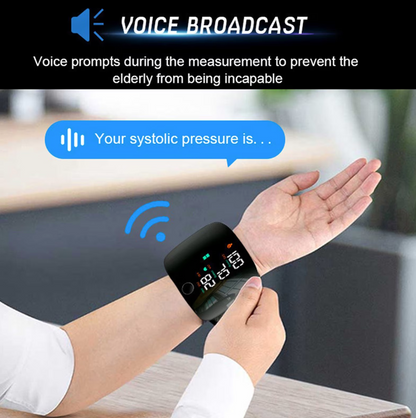 AOVO csuklós vérnyomásmérő, ohmméter, LED kijelző, Hangos közvetítés angol nyelven, 90 memóriakészlet két személyre, Újratölthető, Gyors automatikus mérés, Fekete