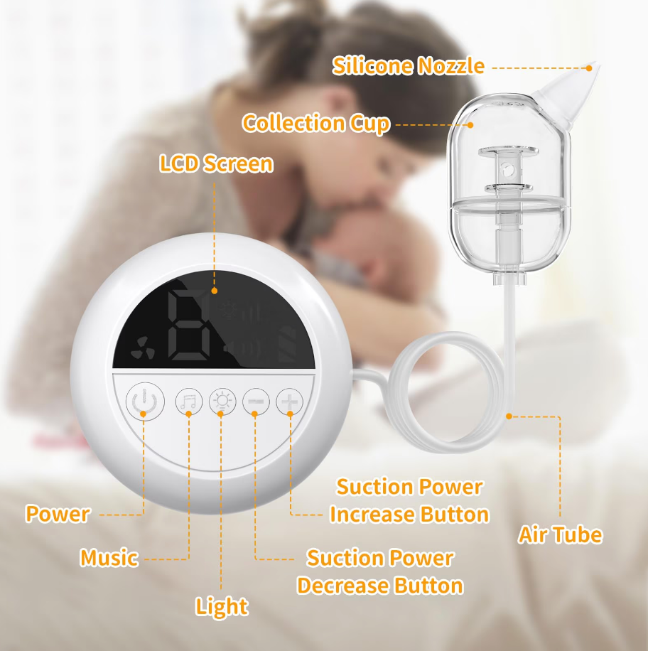 Prémium Elektromos Orrszívó Babáknak – 9 Fokozat, Éjszakai Fény és Nyugtató Zene – USB-s, Hordozható