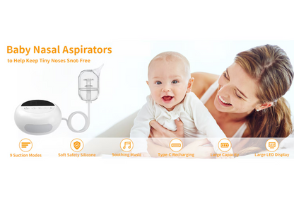 Prémium Elektromos Orrszívó Babáknak – 9 Fokozat, Éjszakai Fény és Nyugtató Zene – USB-s, Hordozható