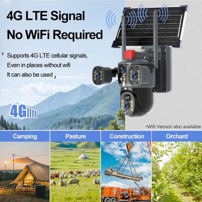 AOVO Háromszoros videó megfigyelő kamera, 4G, ULTRA HD, napelemes és plug-in töltés, 12MP, 6K, színes éjszakai látás, mozgásérzékelés, intelligens riasztó, 360°-os gimbal, 128gb tárhelyig fekete