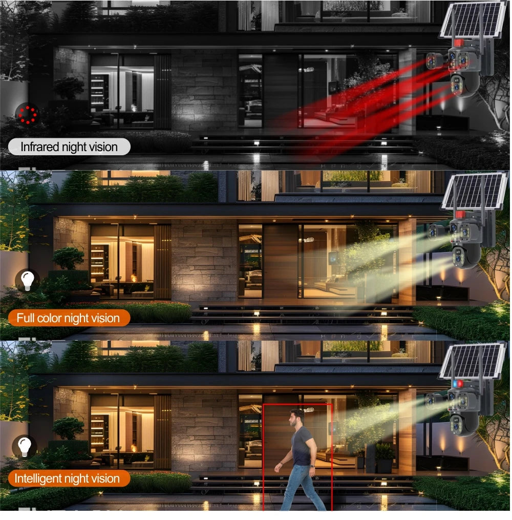 AOVO Háromszoros videó megfigyelő kamera, WIFI, ULTRA HD, napelemes és plug-in töltés, 12MP, 6K, színes éjszakai látás, mozgásérzékelés, intelligens riasztó, 360°-os gimbal, 128gb tárhelyig fekete