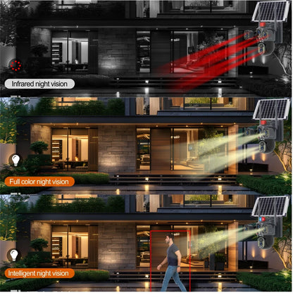 AOVO Háromszoros videó megfigyelő kamera, WIFI, ULTRA HD, napelemes és plug-in töltés, 12MP, 6K, színes éjszakai látás, mozgásérzékelés, intelligens riasztó, 360°-os gimbal, 128gb tárhelyig fekete