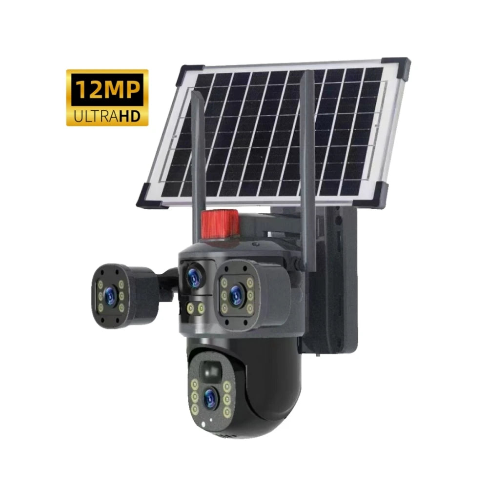 AOVO Háromszoros videó megfigyelő kamera, WIFI, ULTRA HD, napelemes és plug-in töltés, 12MP, 6K, színes éjszakai látás, mozgásérzékelés, intelligens riasztó, 360°-os gimbal, 128gb tárhelyig fekete