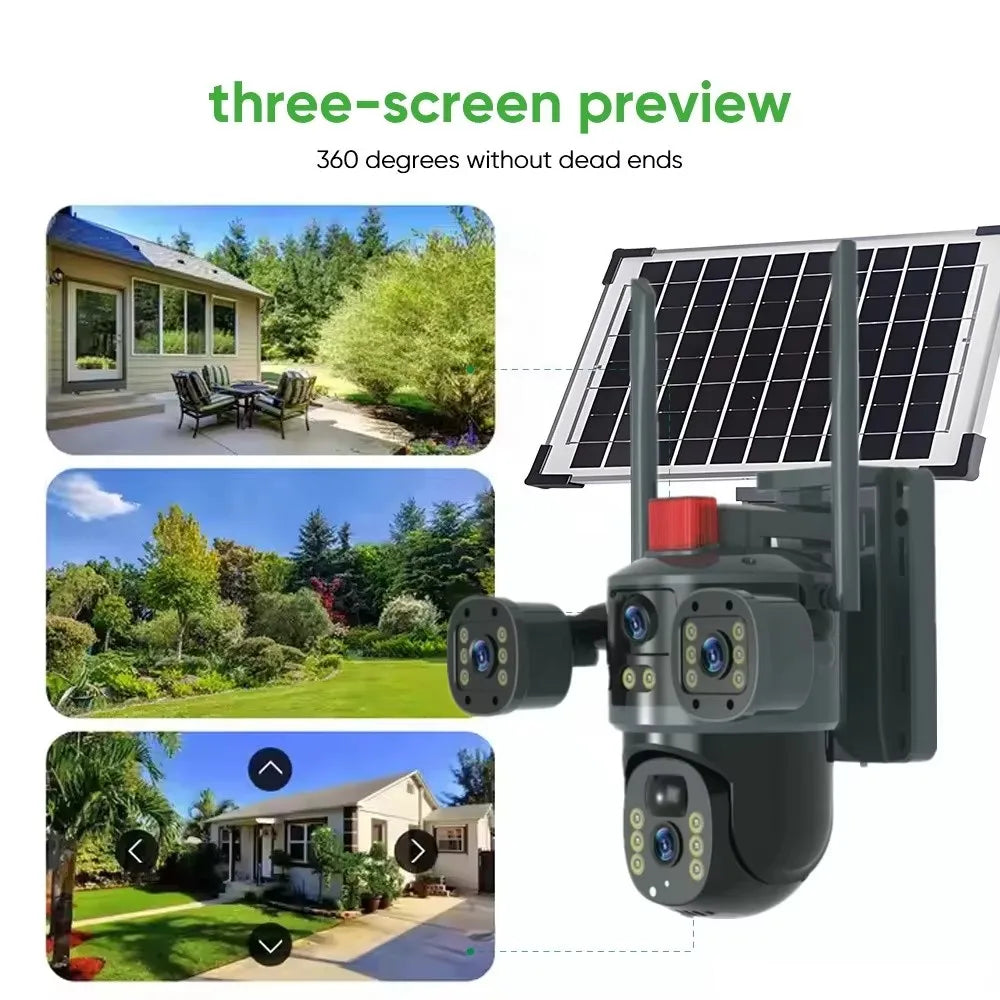 AOVO Háromszoros videó megfigyelő kamera, WIFI, ULTRA HD, napelemes és plug-in töltés, 12MP, 6K, színes éjszakai látás, mozgásérzékelés, intelligens riasztó, 360°-os gimbal, 128gb tárhelyig fekete