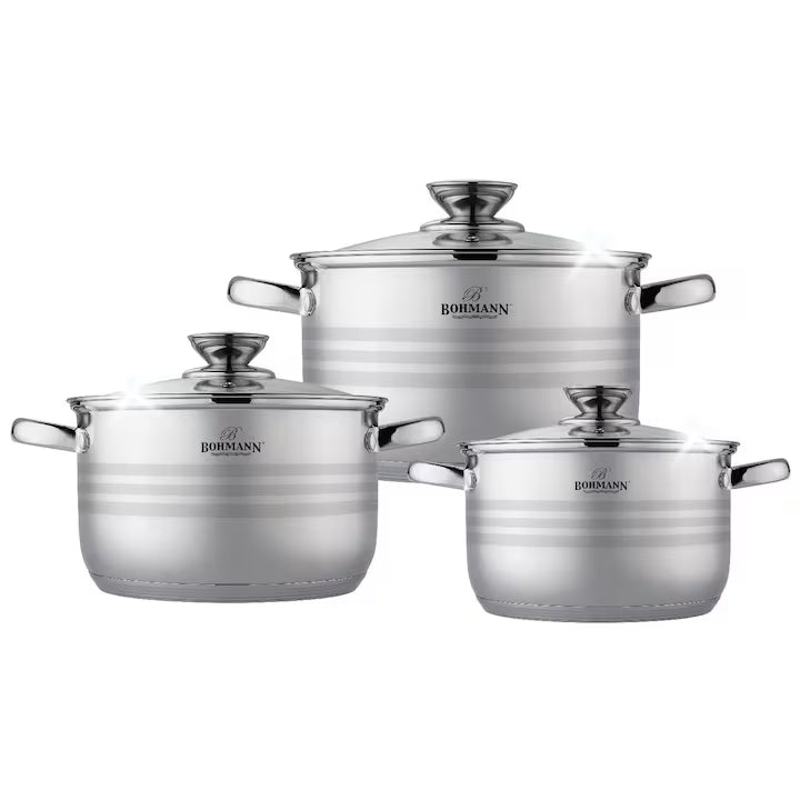BOHMANN BH-1506 Rozsdamentes Acél Edénykészlet, 6 darabos – Ø16 cm (2,1L), Ø18 cm (2,9L), Ø20 cm (3,9L)