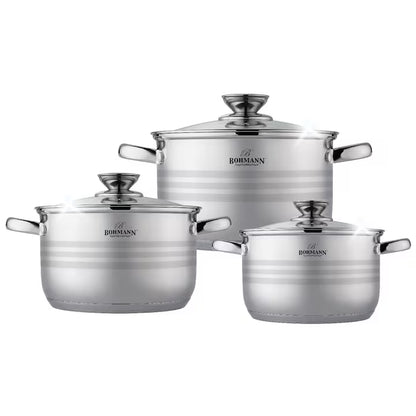 BOHMANN BH-1506 Rozsdamentes Acél Edénykészlet, 6 darabos – Ø16 cm (2,1L), Ø18 cm (2,9L), Ø20 cm (3,9L)