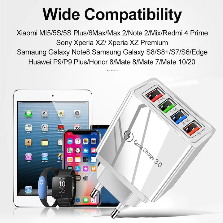 AOVO Gyorstöltő 3.0 töltő, 4xUSB, Kompatibilis Apple/Samsung/Xiaomi/Huawei/Oppo/OnePlus/Sony/Google/Tablet készülékekkel, fekete