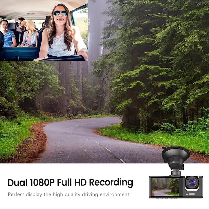 Háromszoros Fedélzeti Kamera, Full HD 1080P, 170° Szög, Éjjellátó, G-Érzékelő, 32GB Kártyával