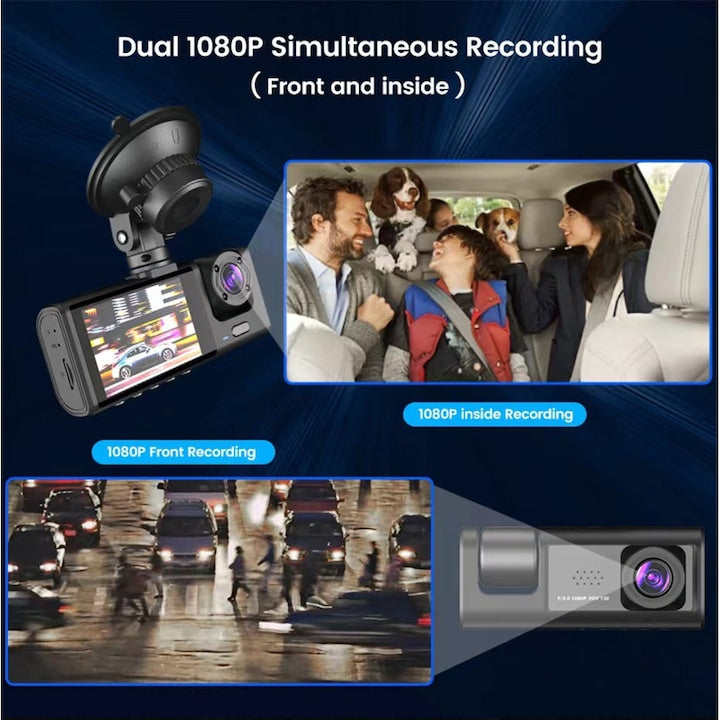 Háromszoros Fedélzeti Kamera, Full HD 1080P, 170° Szög, Éjjellátó, G-Érzékelő, 32GB Kártyával