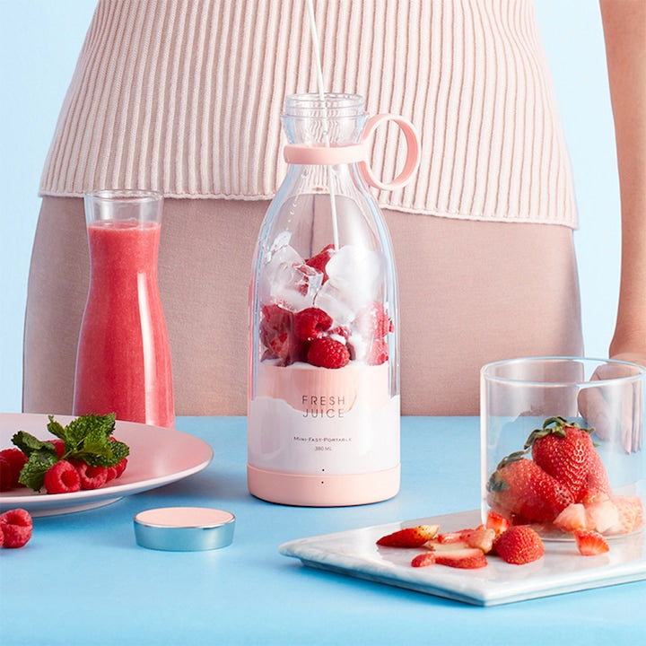 AOVO, Mini Elektromos Turmixgép, Freshjuice, Vezeték-nélküli töltés, Öntisztító, 4 db 3D Penge, Rózsaszín, 350 ml