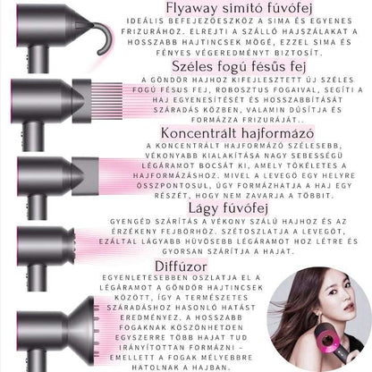 AOVO Supersonic Hajszárító, 1600W, 4 hőfok, 3 sebesség, Hideg levegő, 5 tartozékfej, Rózsaszín