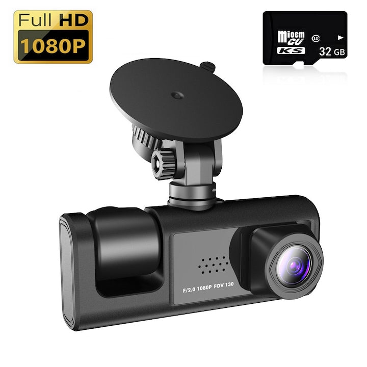 Háromszoros Fedélzeti Kamera, Full HD 1080P, 170° Szög, Éjjellátó, G-Érzékelő, 32GB Kártyával