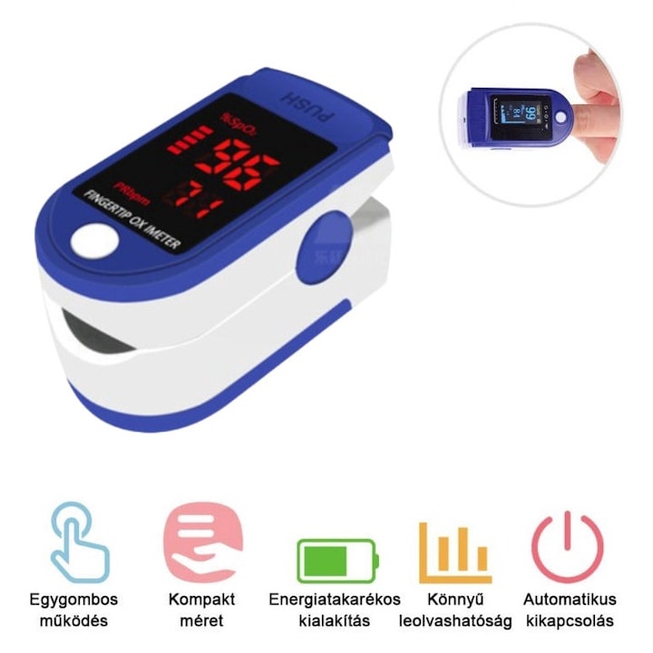 AOVO Digitális Véroxigénszint és Pulzusmérő, Ujjra csíptethető, kék-szürke