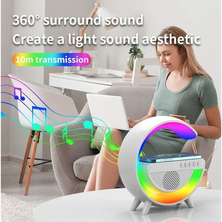 AOVO Multifunkciós vezeték nélküli töltő állvány hangszóróval RGB TF éjszakai fény 15W gyorstöltő állomás iPhone, Samsung, Xiaomi, Huawei számára