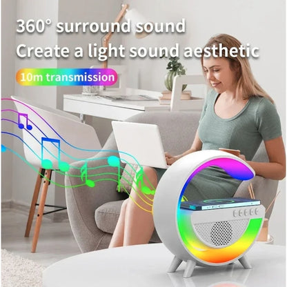 AOVO Multifunkciós vezeték nélküli töltő állvány hangszóróval RGB TF éjszakai fény 15W gyorstöltő állomás iPhone, Samsung, Xiaomi, Huawei számára