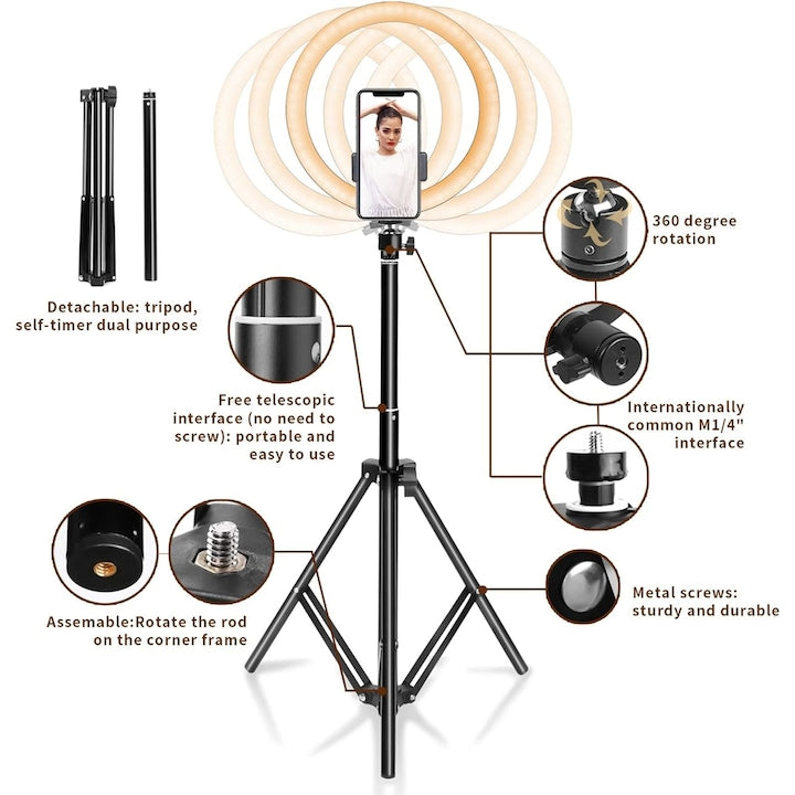 AOVO Ring Light körlámpa, átmérője 26cm / 10inch LED, természetes fény / hideg / meleg, fényerő-szabályozás, telefon tartó, állvány 210 cm-es