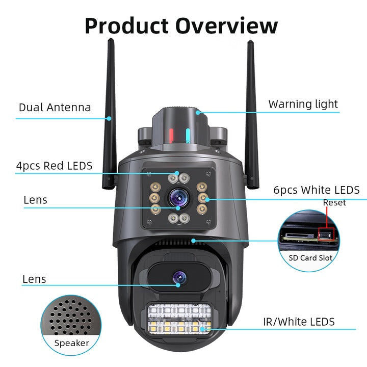 AOVO P11 Pro dual WIFI térfigyelő kamera, 6MP, kültéri/beltéri, Ultra HD, 5X zoom, forgatás, világító LED-ek, kétirányú kommunikáció, riasztó, mozgásérzékelő, fekete