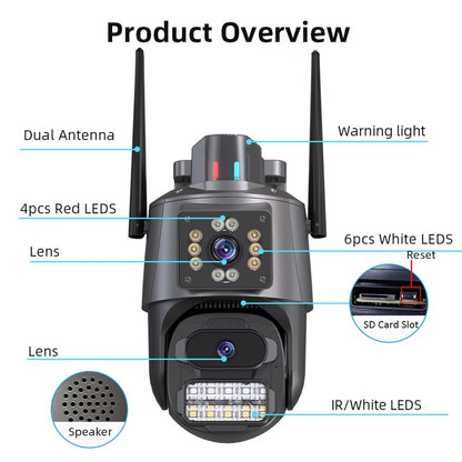AOVO P11 Pro dual WIFI térfigyelő kamera, 6MP, kültéri/beltéri, Ultra HD, 5X zoom, forgatás, világító LED-ek, kétirányú kommunikáció, riasztó, mozgásérzékelő, fekete