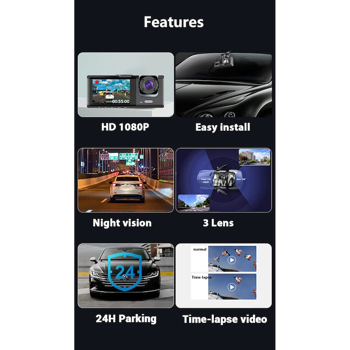 Háromszoros Fedélzeti Kamera, Full HD 1080P, 170° Szög, Éjjellátó, G-Érzékelő, 32GB Kártyával